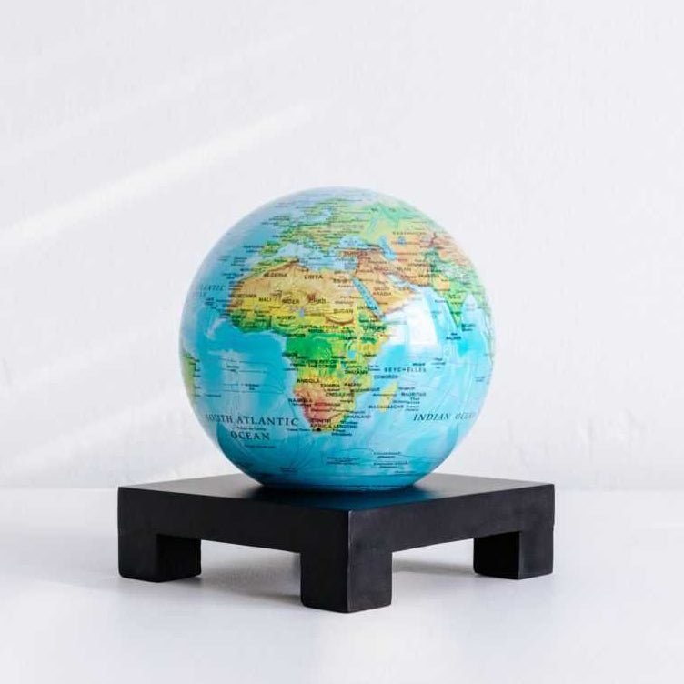 MOVA Ocean Blue Relief globe displayed on a base as modern decor