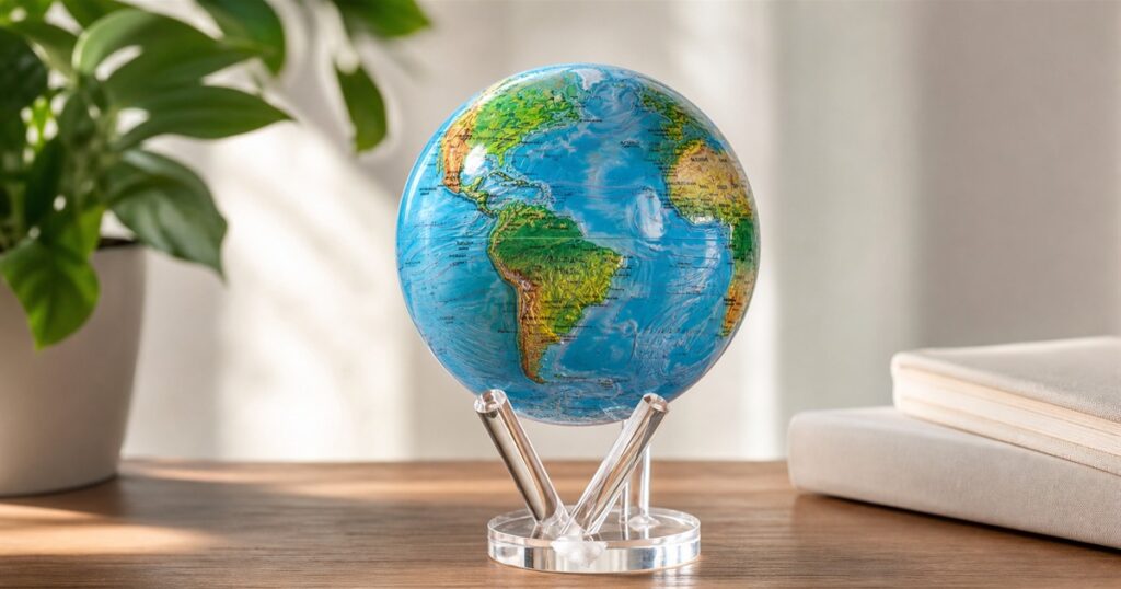 MOVA Ocean Blue Relief self-rotating globe on a desk