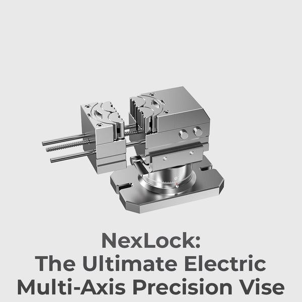 NexLock silver electric precision vise with rotating base and segmented jaws