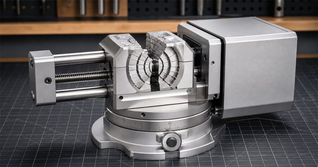 NexLock electric multi-axis precision vise on a maker workbench