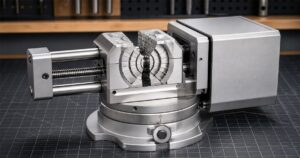 NexLock electric multi-axis precision vise on a maker workbench