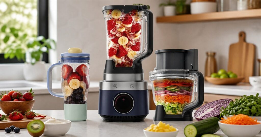 Ninja CrushBOSS 3-in-1 kitchen system with pitcher, processor bowl, and travel tumbler on a kitchen counter