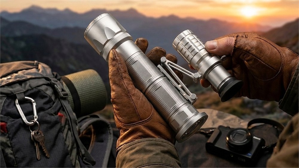 Nivora Apex X telescope flashlight with phone adapter held at a mountain overlook