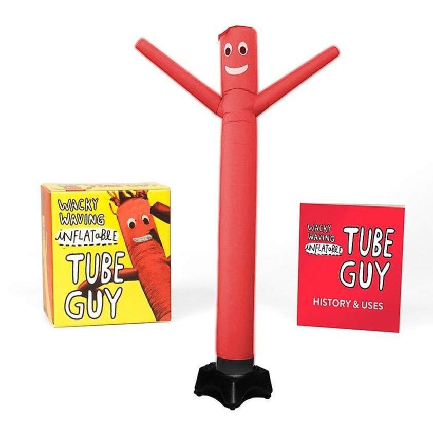 Mini red inflatable tube guy standing between its product box and mini book