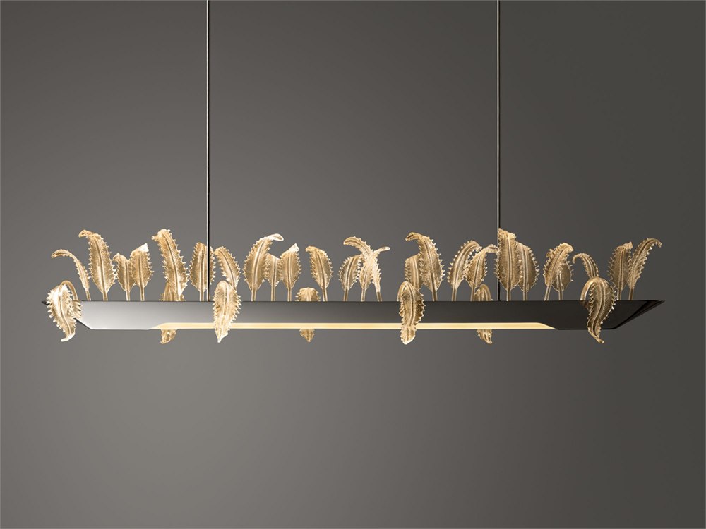 Garden Landscape fixture with a long row of illuminated handmade glass leaves
