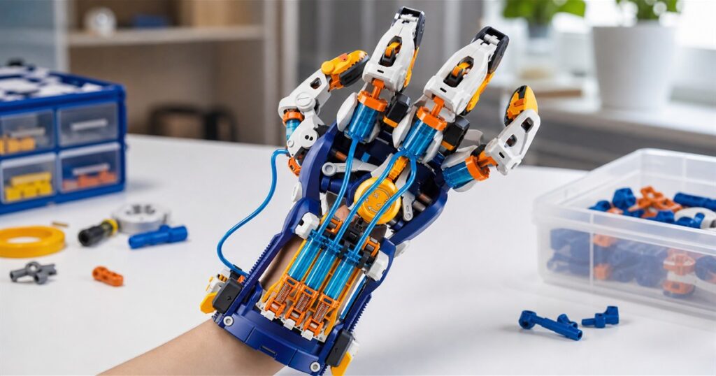 Wearable hydraulic cyborg hand kit on a maker bench