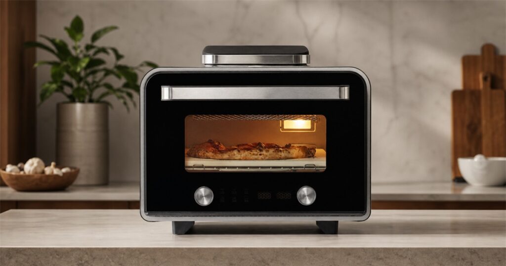 Panasonic FlashXpress Indoor Pizza Oven Plus on a kitchen counter