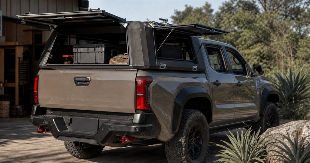 Modular pickup truck cap installed on a midsize truck
