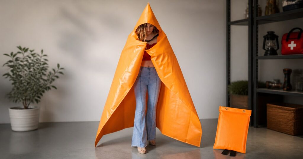 Orange wearable fire blanket cape with hood in a safety-preparedness setting