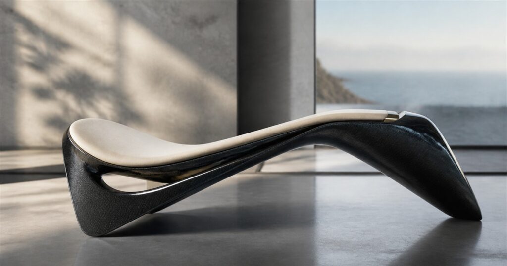 A sculptural carbon fiber lounge chair with leather padding in a modern interior