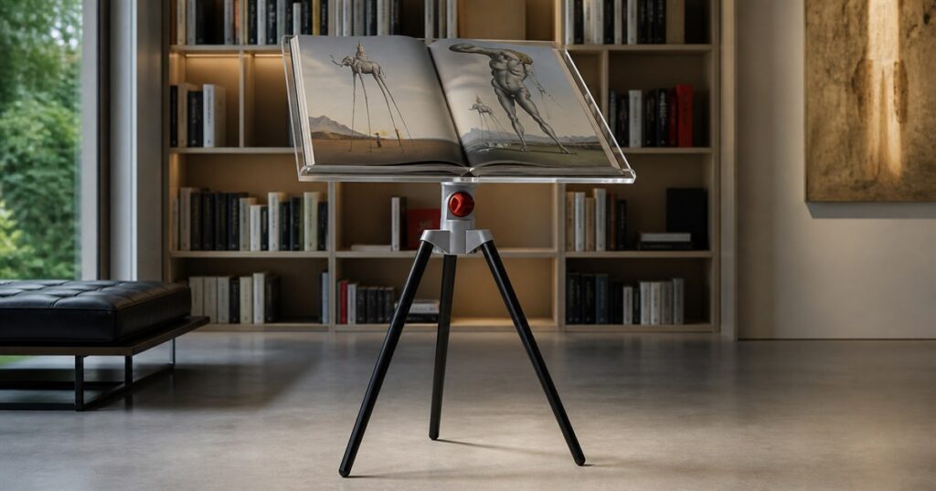 Marc Newson Bookstand displaying an oversized art book in a modern library setting