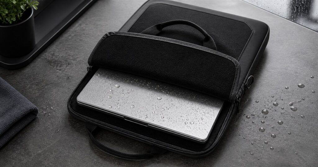 UAG DRYOUT laptop sleeve with a damp laptop partially inserted