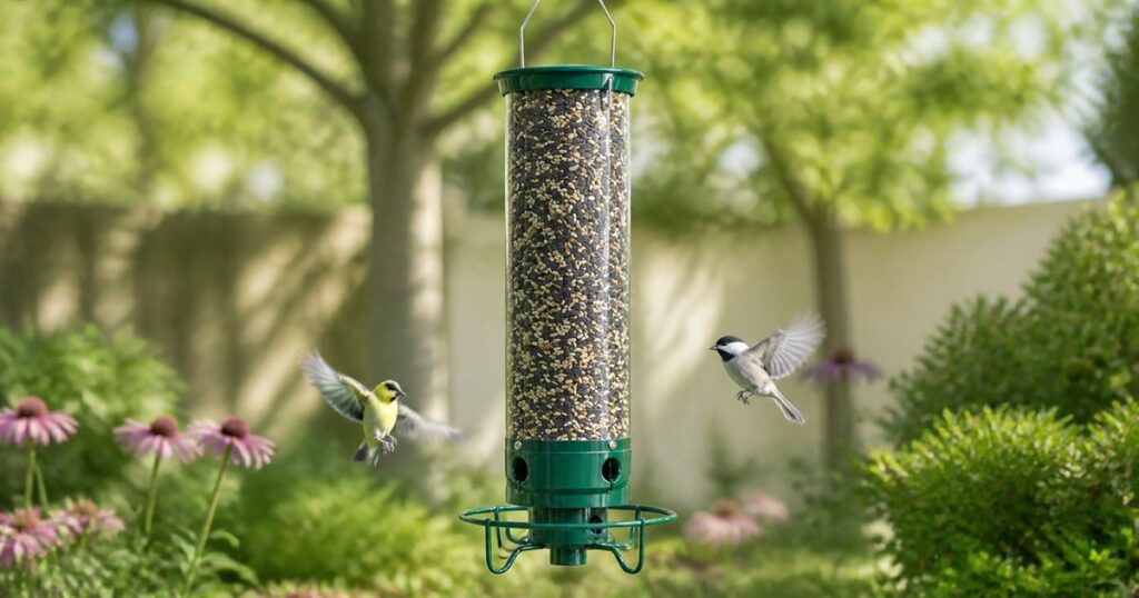 Green squirrel-proof bird feeder hanging in a backyard garden