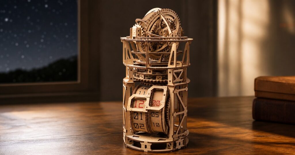 UGEARS wooden tourbillon table clock on a desk
