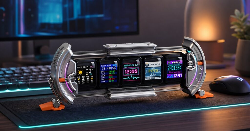 Divoom Times Gate five-screen pixel art desk dashboard on a gaming desk