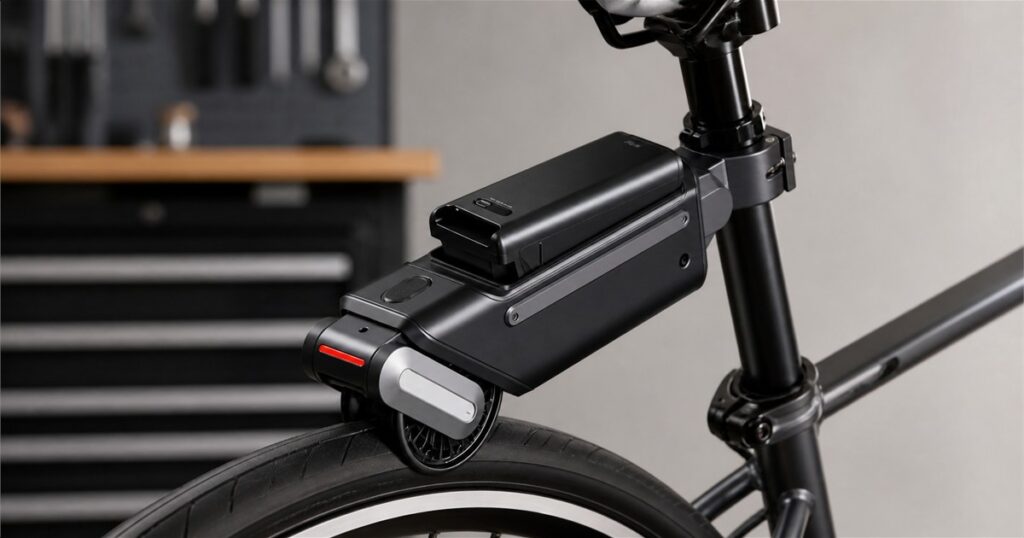 No-text editorial image of the ASUS Oxiis E250G1 electric bike booster on a bicycle