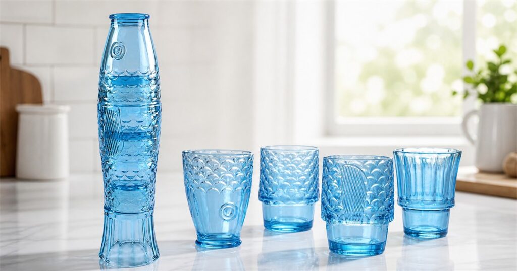 No-text editorial image of blue stackable fish tumbler glasses on a kitchen counter