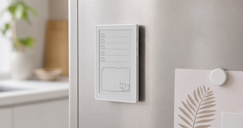 Generated no-text image of the reTerminal Sticky magnetic ePaper note display on a home surface