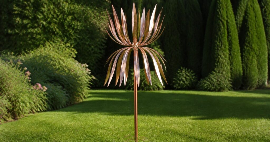 Copper dual spinner wind sculpture standing in a sunny garden