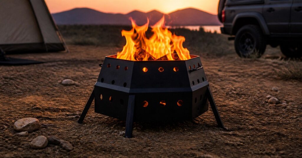 Generated no-text image of the CARGO CONTAINER FIRE PIT MAX folding smokeless fire pit
