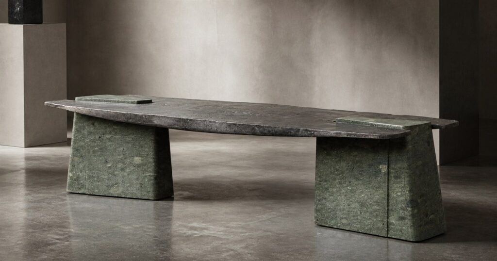 EWE Studio Exhuma Dining Table with cast metal top and green marble bases