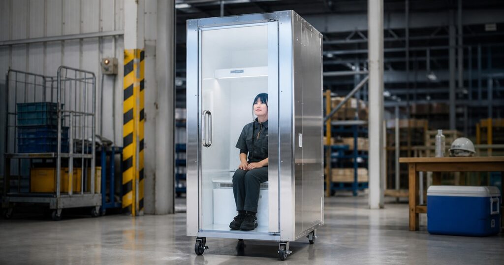 Stainless personal cooling booth with a transparent door in an industrial setting