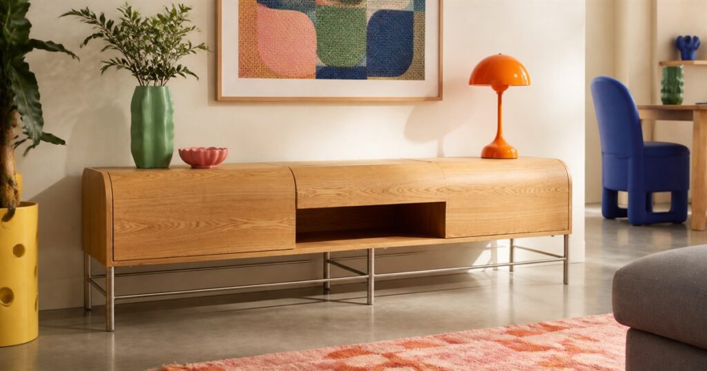 Half Log sideboard with rounded wood front in a colorful living room