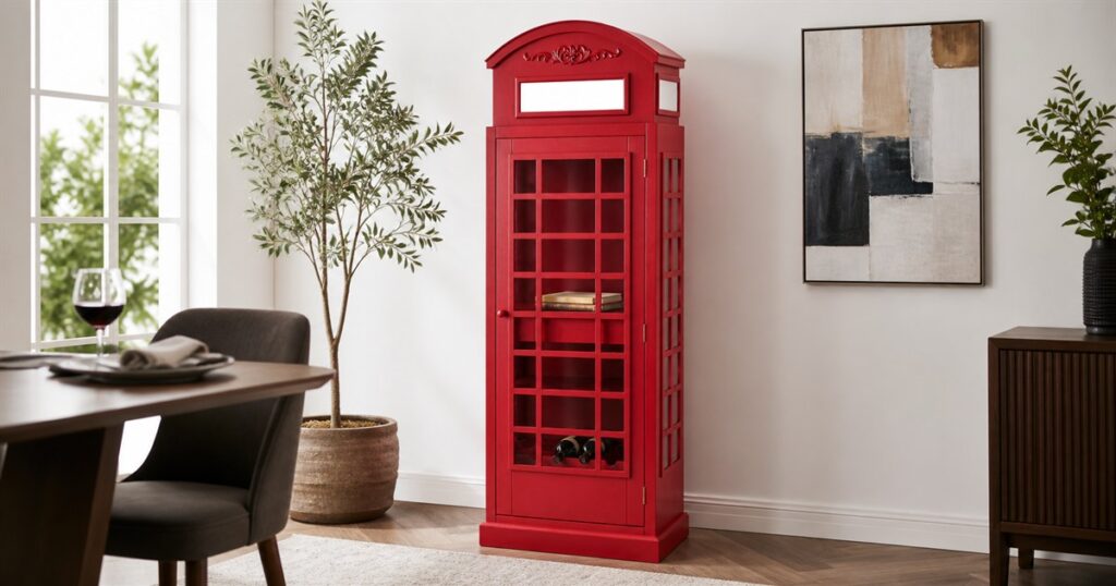 Red London telephone booth standing wine rack in a dining room corner