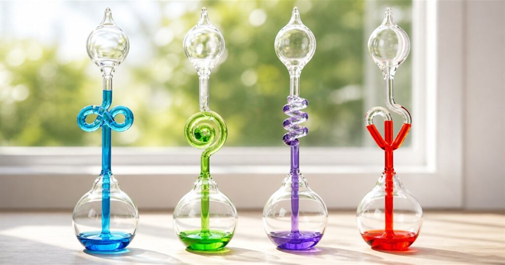 Glass hand boiler science toy with colored liquid on a sunny tabletop