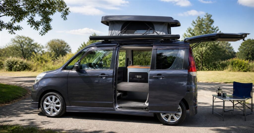Generated editorial image of the Wellhouse Suzuki Solio micro camper with pop-up roof