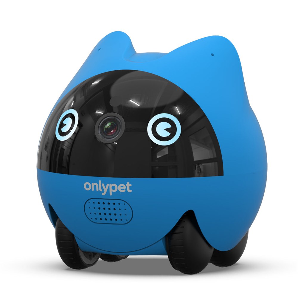 OnlyPetBuddy blue mobile pet companion robot with camera face and wheels
