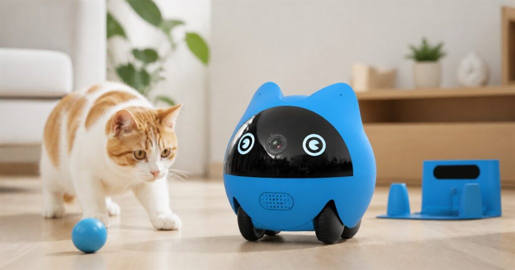 OnlyPetBuddy mobile pet companion robot in a home with a cat