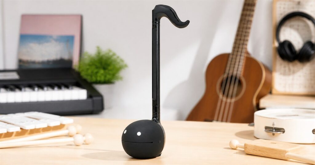 Black Otamatone electronic musical instrument on a music-room tabletop
