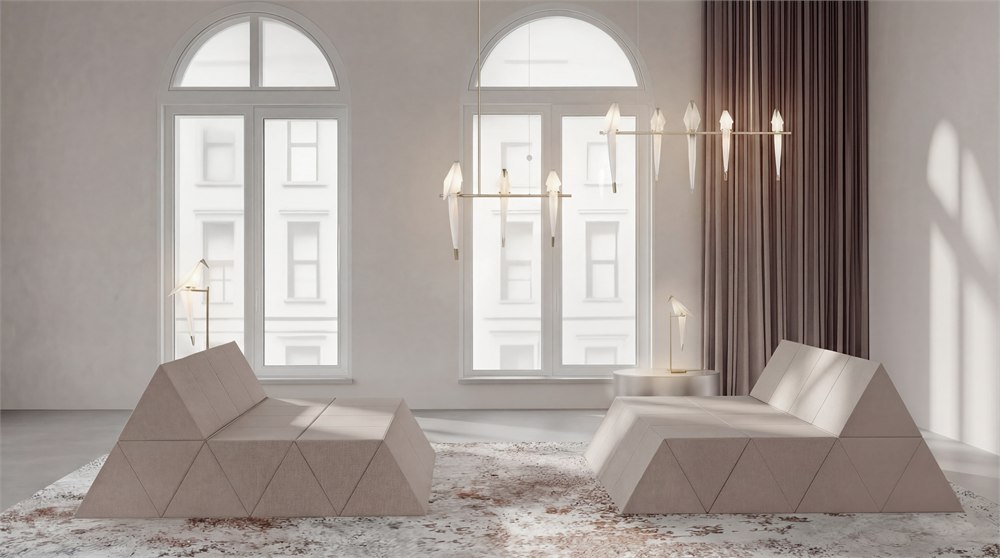 Moooi Peaks grey modular sofa shown as two low lounge sections in a living room