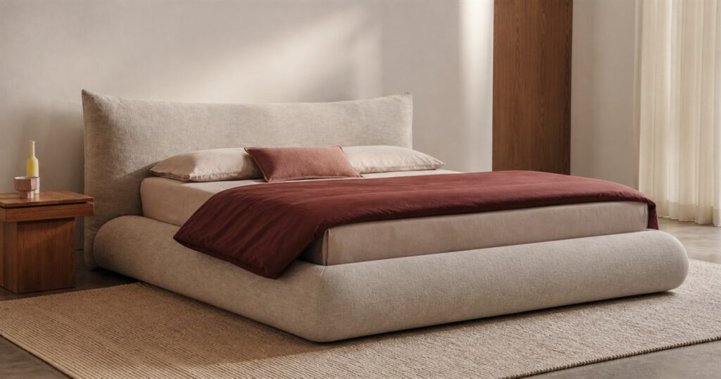 Editorial image of the Knoll Perron Pillo Bed plush upholstered frame