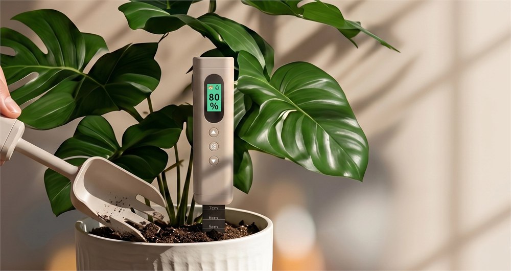 PlantsRobot PlantMulti smart gardening tool inserted in a potted houseplant