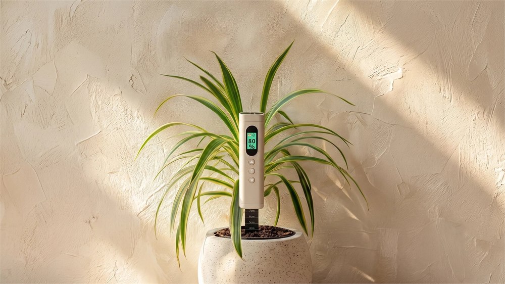 PlantMulti smart gardening sensor standing in an indoor plant pot