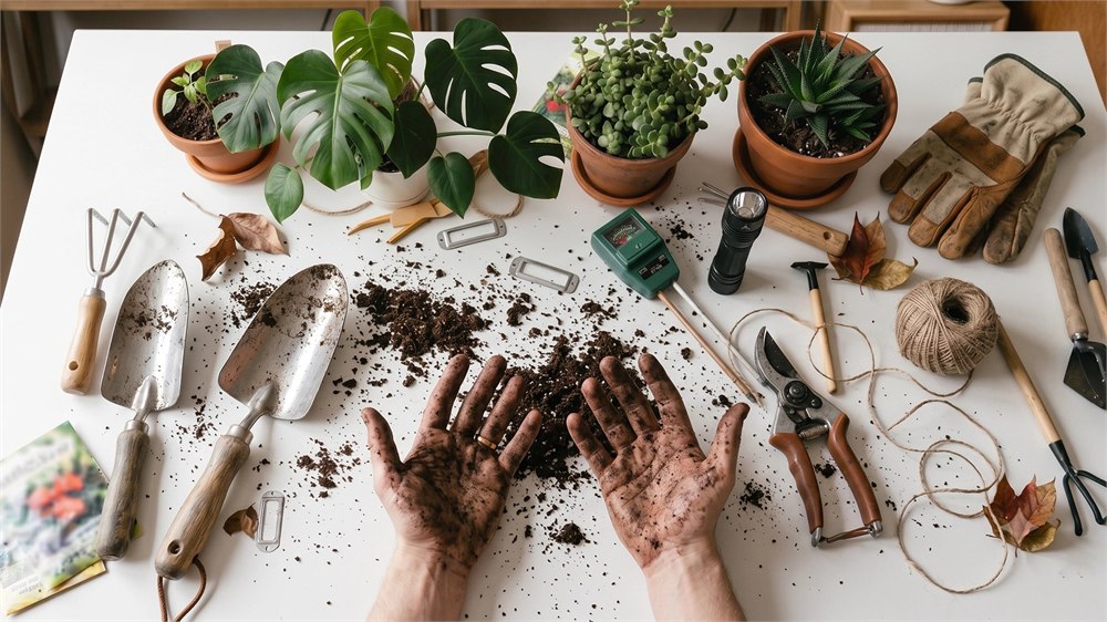 PlantMulti gardening tool shown among houseplant care tools and potting soil