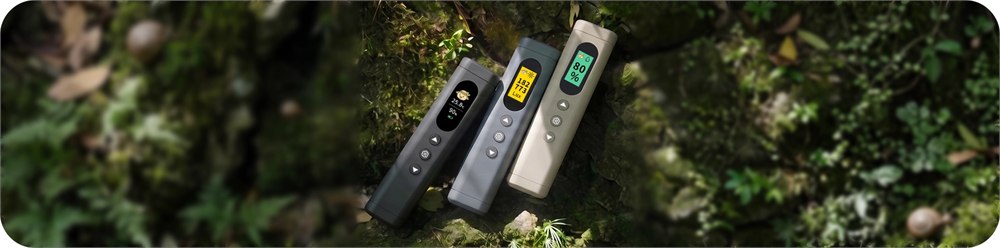 Three PlantMulti smart gardening tools shown outdoors in greenery
