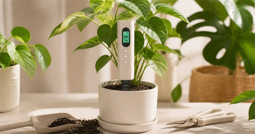 Generated no-text image of PlantMulti smart gardening tool in an indoor plant setting