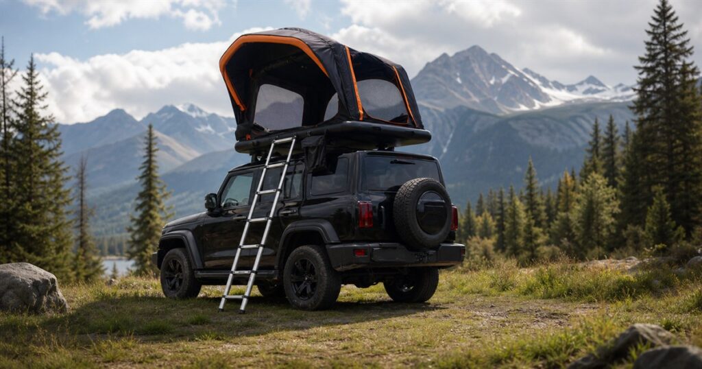 No text product image of the Portal Nomis One inflatable rooftop tent on a vehicle at camp