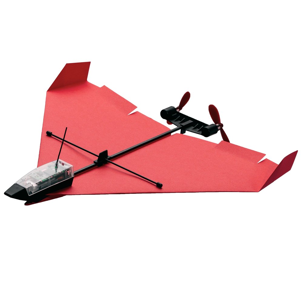 POWERUP 4.0 red paper airplane with twin motor module on white background