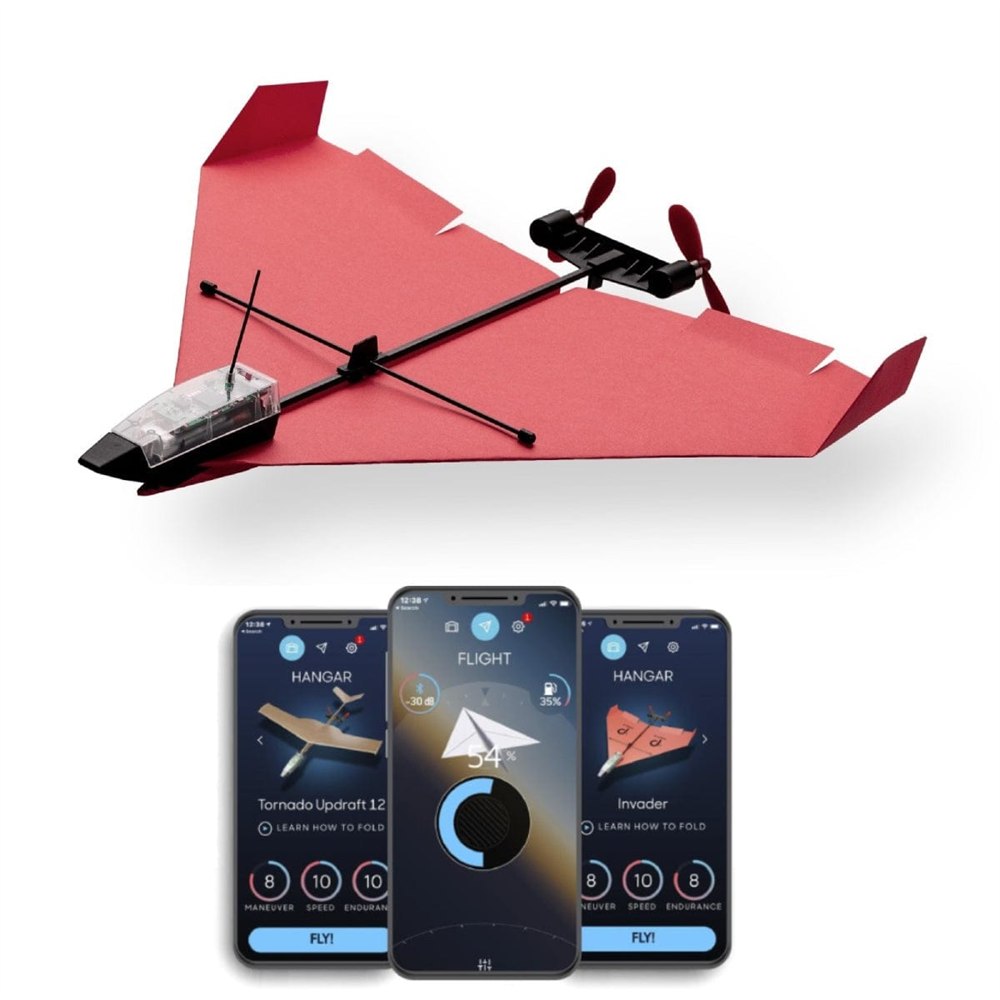 POWERUP 4.0 paper airplane shown with smartphone app controls