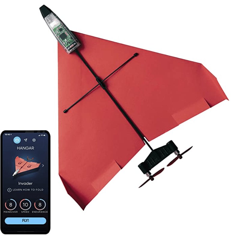 Top view of POWERUP 4.0 paper airplane with smartphone controller