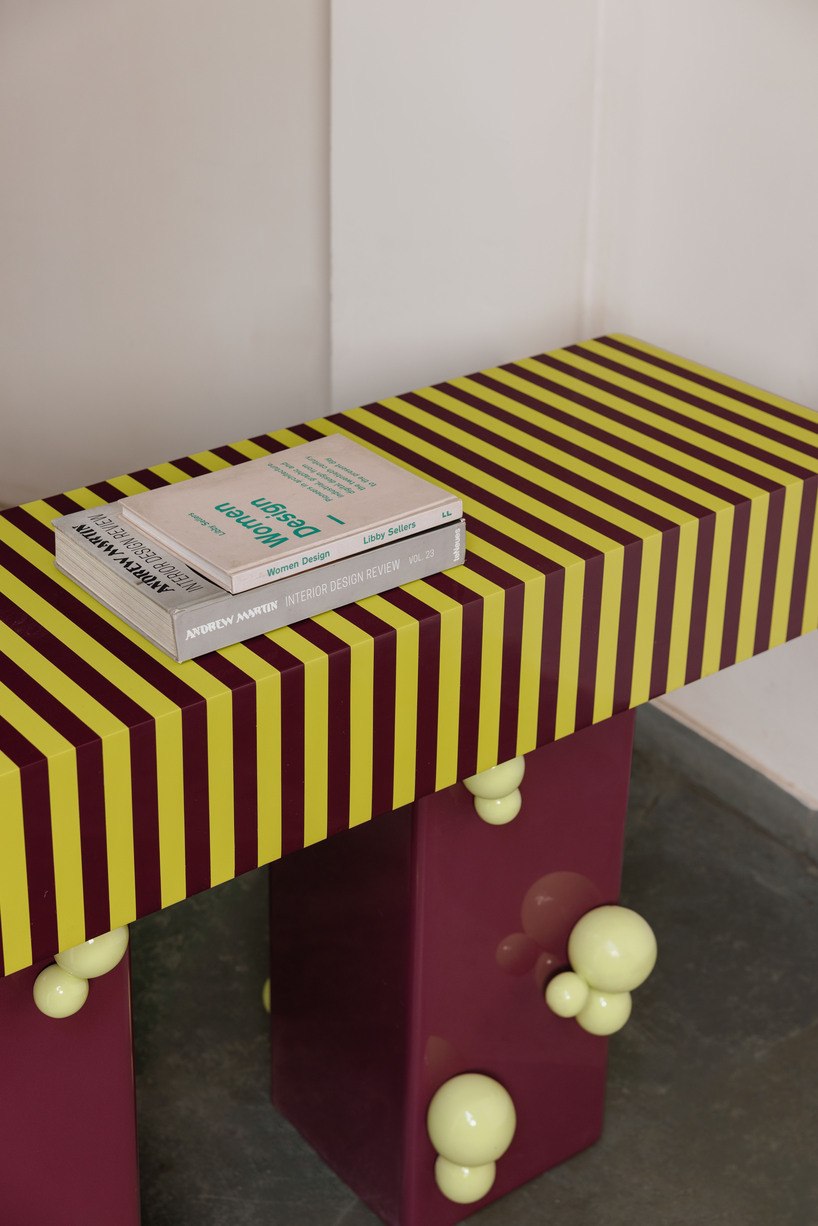 Striped Ramino bench and sculptural furniture details