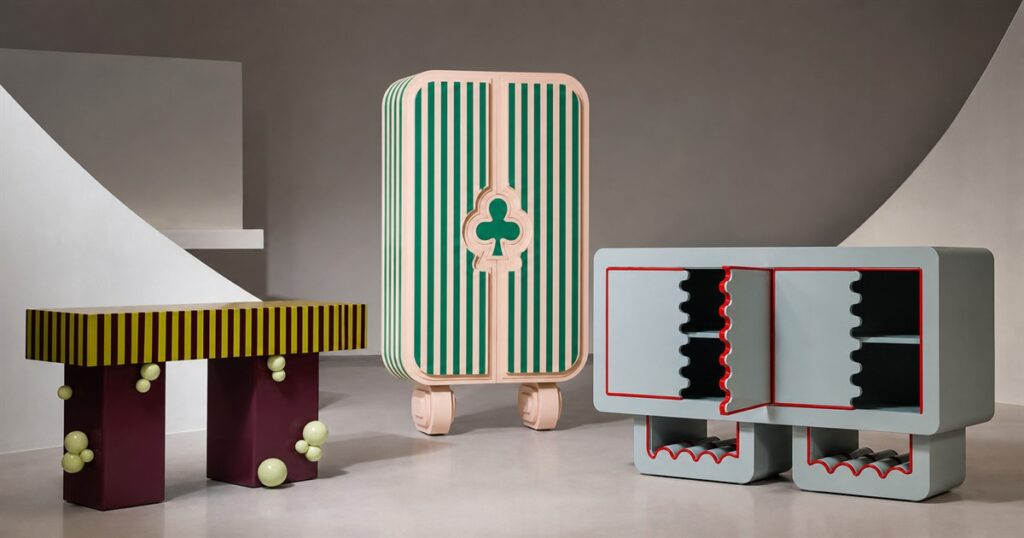 Rummy-inspired sculptural furniture collection arranged in a gallery interior