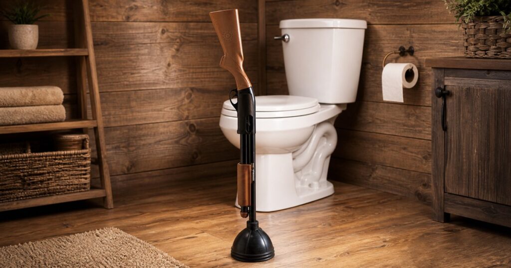 Shotgun-shaped toilet plunger standing in a rustic bathroom