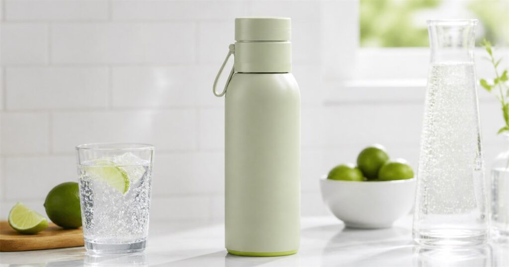 Roam SodaTop portable carbonation bottle beside sparkling water