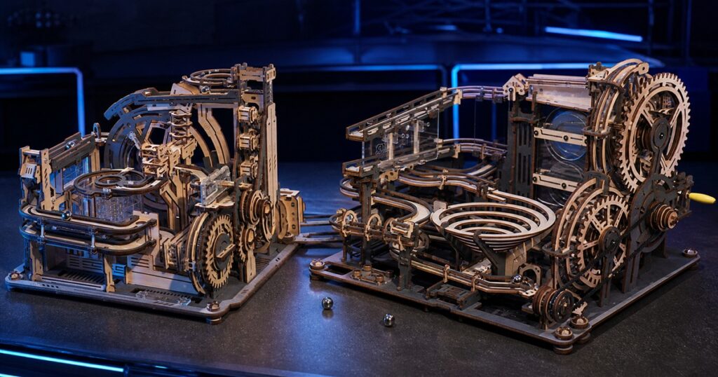 This Electric Wooden Marble Run Connects Three Kinetic Puzzle Builds