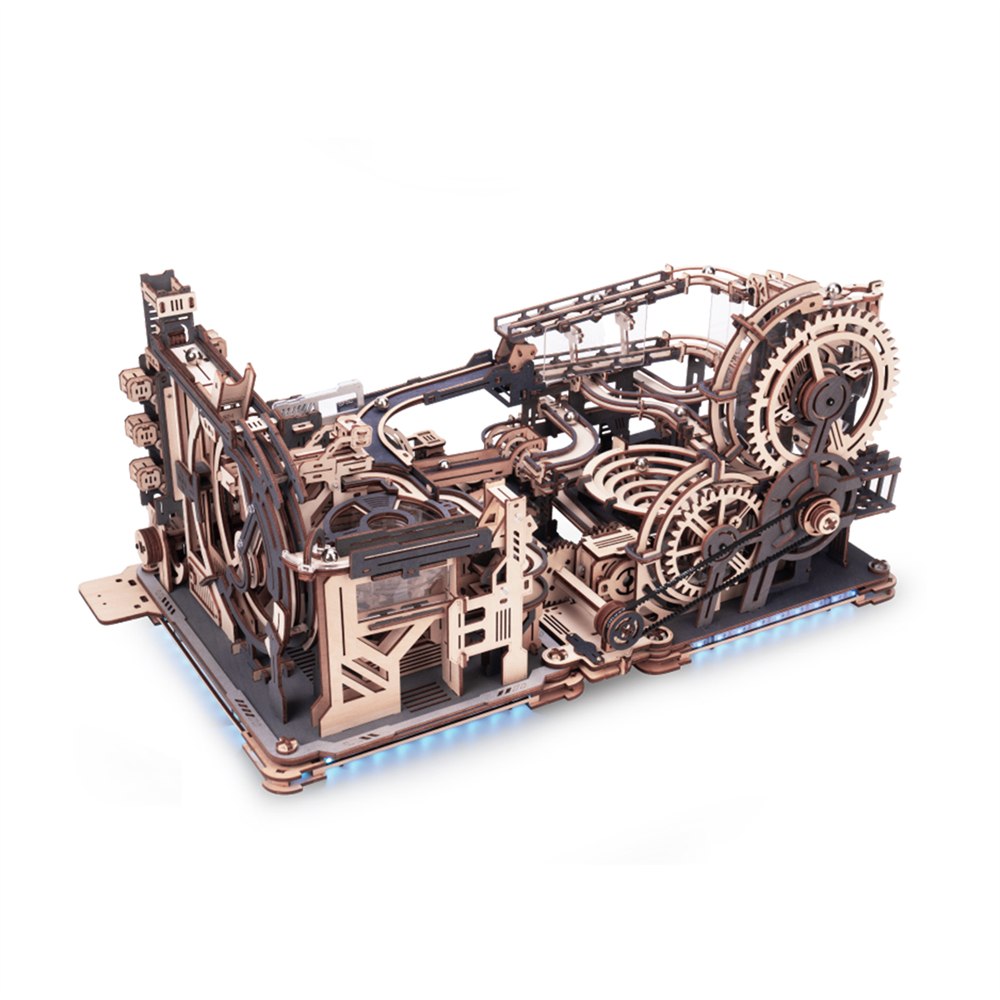 Connected ROKR marble run layout showing link track between the wooden modules
